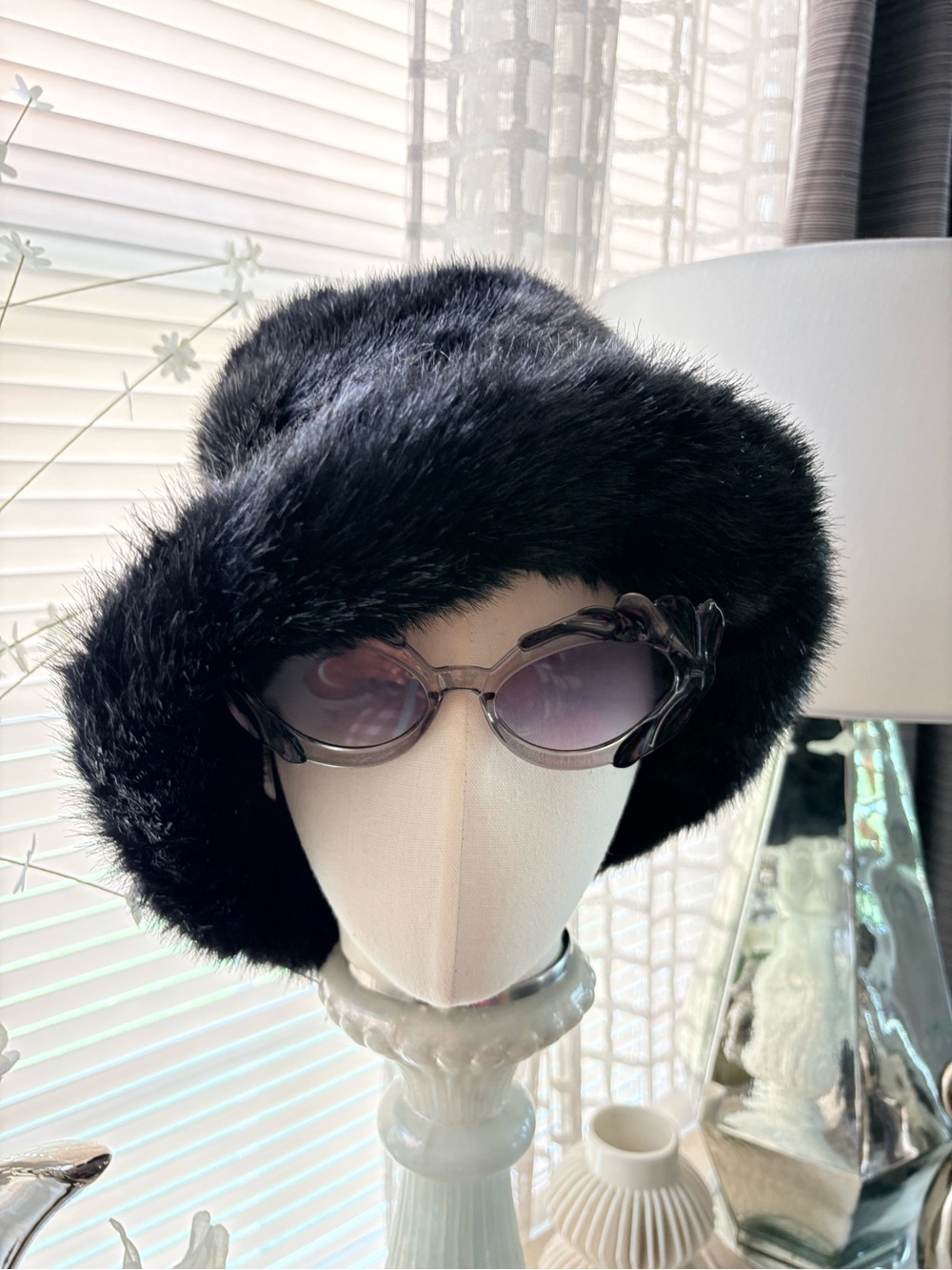 Black Faux Fur Bucket Flip Brim Hat